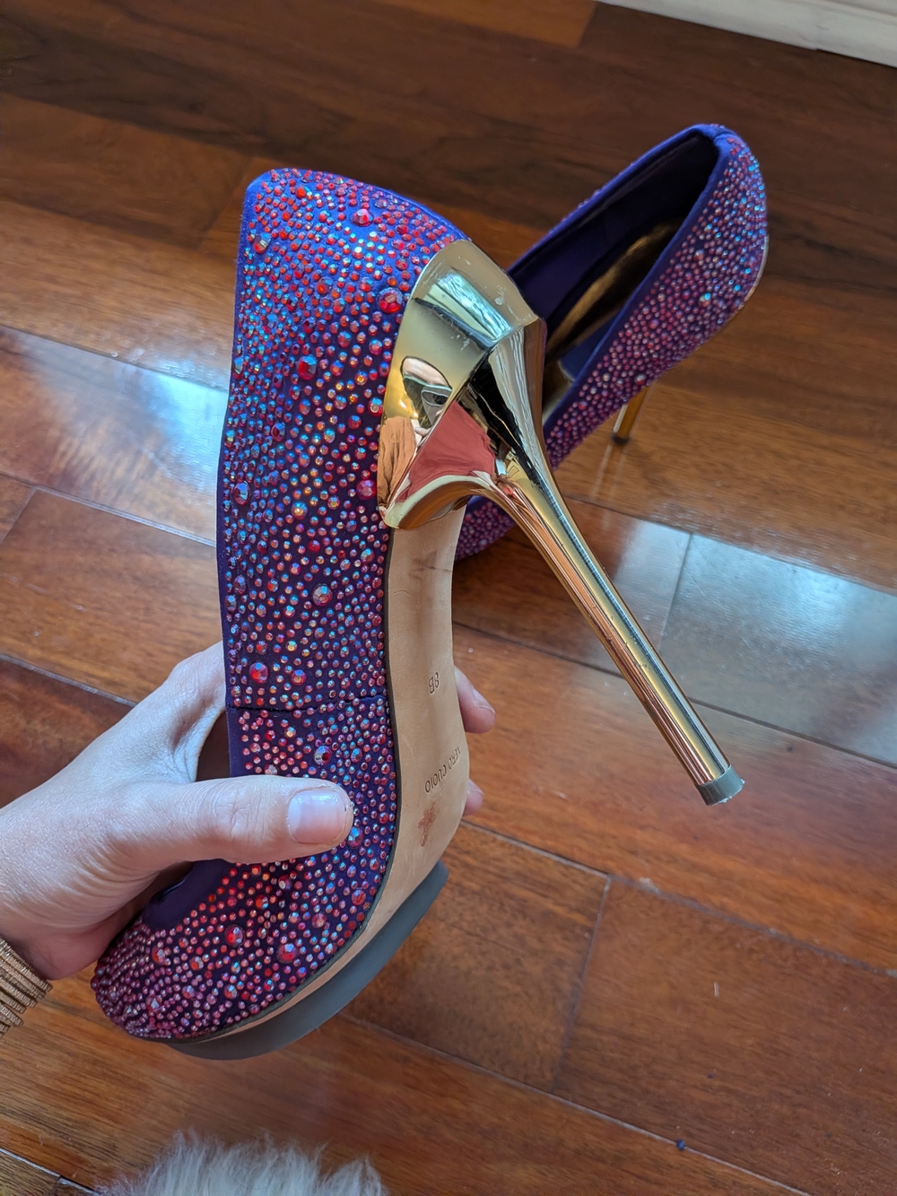 BCBGMaxAzria Purple Crystal Embellished Gold Stiletto Pumps